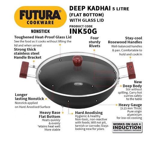 Hawkins Futura 5 Litre Deep Kadhai – Non-Stick, Induction Base with Glass Lid – Black (INK50G)