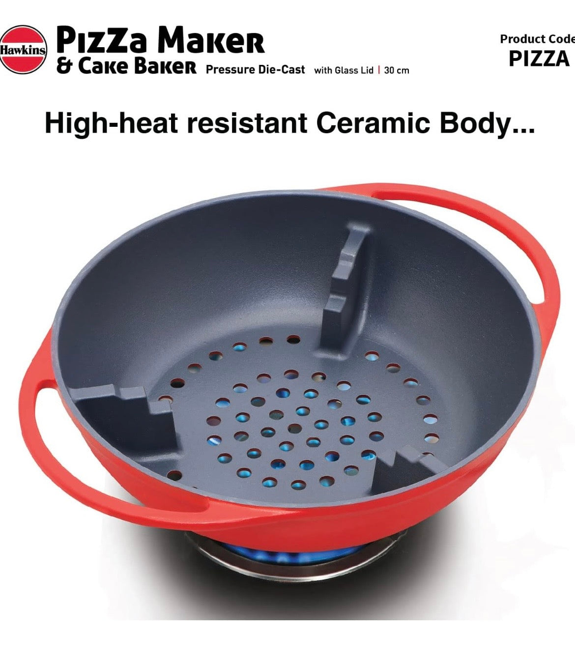 Hawkins Diecast 30 cm Nonstick Pizza Maker and Cake Baker with Glass Lid, Gas Oven, Pizza Oven Toaster Griller Tandoor Barbecue, Cake Baking Pan, Red (PIZZA)