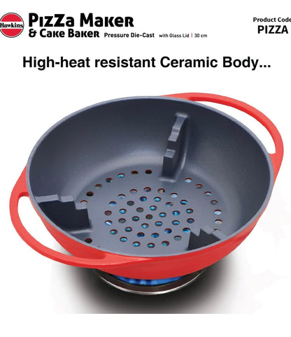 Hawkins Diecast 30 cm Nonstick Pizza Maker and Cake Baker with Glass Lid, Gas Oven, Pizza Oven Toaster Griller Tandoor Barbecue, Cake Baking Pan, Red (PIZZA)