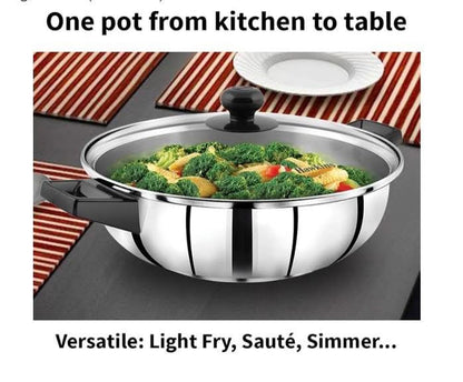 Hawkins 3 Litre Cook n Serve Frying Pan, Stainless Steel Fry Pan with Glass Lid, Induction Frying Pan, Frypan for Cooking and Serving, Silver (SSF3LG)