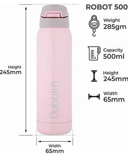 Dubblin Robot Stainless Steel Double Wall Vacuum Insulated BPA Free Water Bottle with Anti Skid Bottom & Leak Proof Lid, Thermos Flask Keeps Hot 6 Hours, Cold 12 Hours (500 ML)