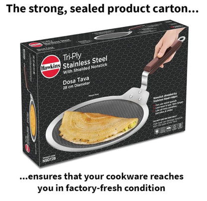 Hawkins 28 cm Dosa Tava, Triply Stainless Steel Shielded Nonstick Tawa with Rosewood Handle, Honeycomb Non Stick Induction Tawa, Silver (NSDT28)