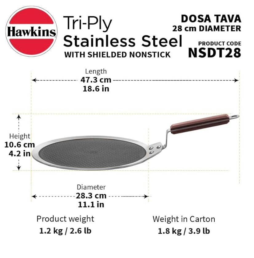 Hawkins 28 cm Dosa Tava, Triply Stainless Steel Shielded Nonstick Tawa with Rosewood Handle, Honeycomb Non Stick Induction Tawa, Silver (NSDT28)