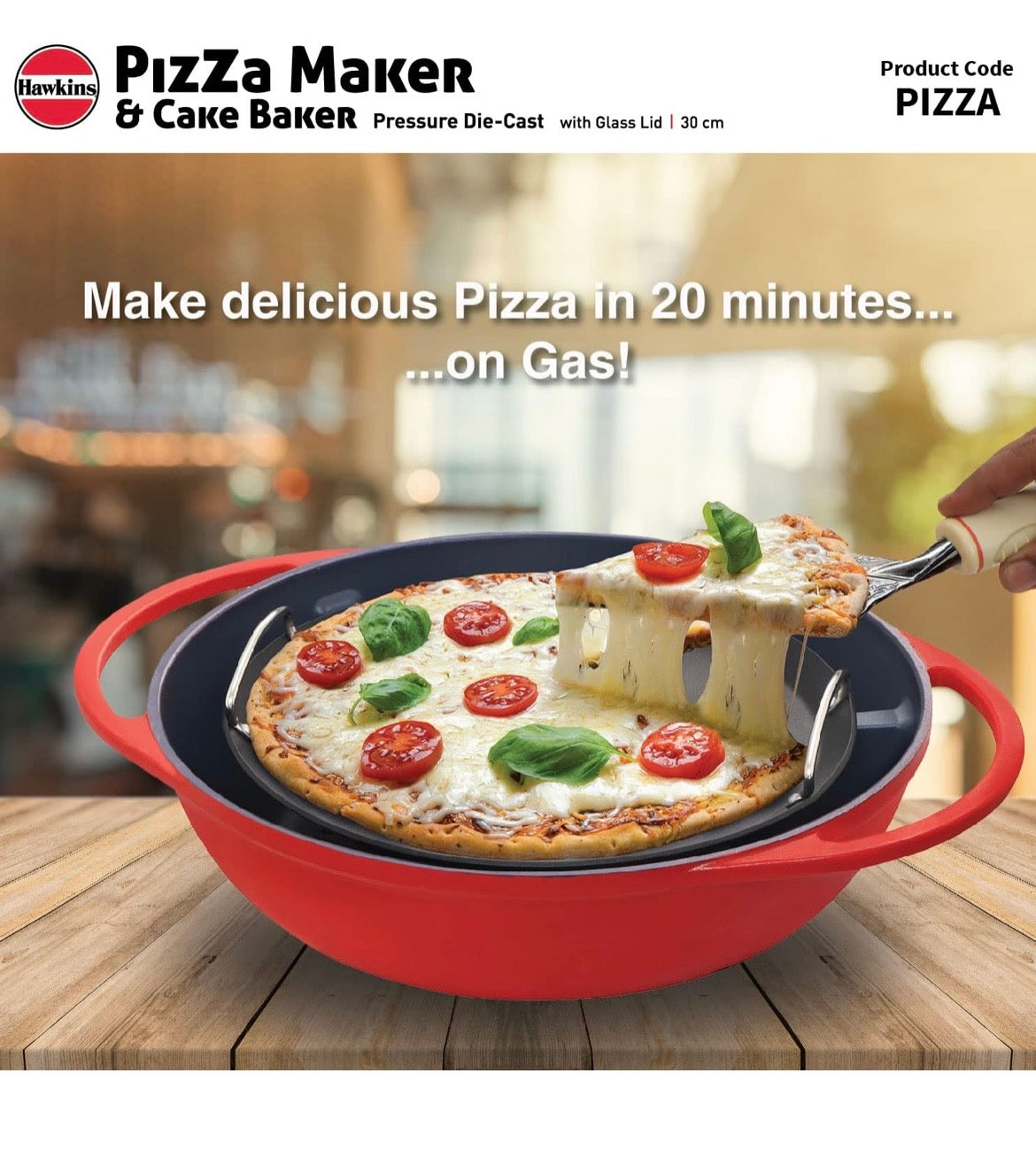 Hawkins Diecast 30 cm Nonstick Pizza Maker and Cake Baker with Glass Lid, Gas Oven, Pizza Oven Toaster Griller Tandoor Barbecue, Cake Baking Pan, Red (PIZZA)