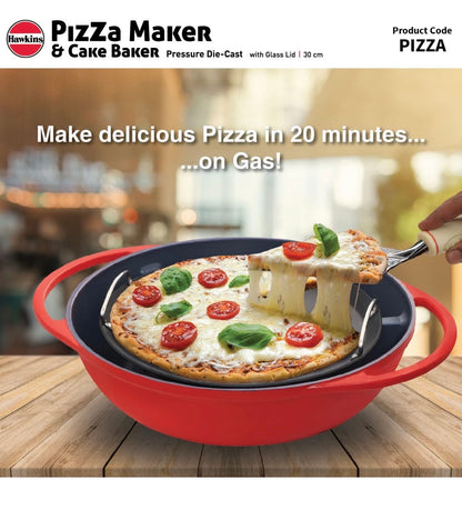 Hawkins Diecast 30 cm Nonstick Pizza Maker and Cake Baker with Glass Lid, Gas Oven, Pizza Oven Toaster Griller Tandoor Barbecue, Cake Baking Pan, Red (PIZZA)