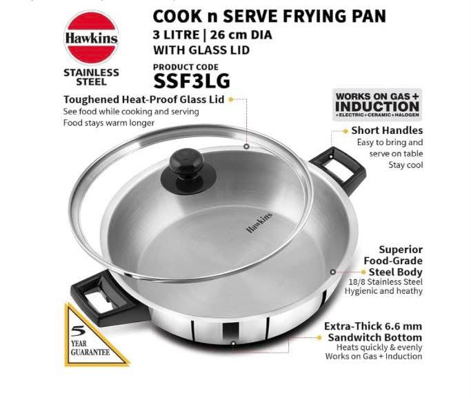 Hawkins 3 Litre Cook n Serve Frying Pan, Stainless Steel Fry Pan with Glass Lid, Induction Frying Pan, Frypan for Cooking and Serving, Silver (SSF3LG)