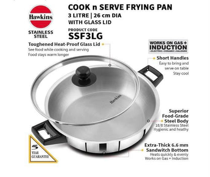 Hawkins 3 Litre Cook n Serve Frying Pan, Stainless Steel Fry Pan with Glass Lid, Induction Frying Pan, Frypan for Cooking and Serving, Silver (SSF3LG)
