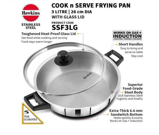 Hawkins 3 Litre Cook n Serve Frying Pan, Stainless Steel Fry Pan with Glass Lid, Induction Frying Pan, Frypan for Cooking and Serving, Silver (SSF3LG)
