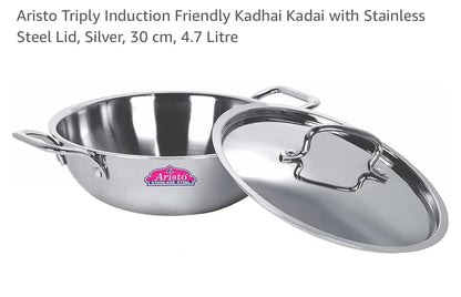 Aristo Triply Induction Friendly Kadhai Kadai with Stainless Steel Lid, Silver, 30cm, 4.7 Litre