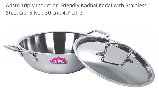 Aristo Triply Induction Friendly Kadhai Kadai with Stainless Steel Lid, Silver, 30cm, 4.7 Litre