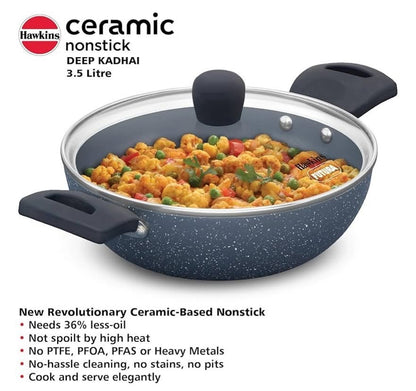 HAWKINS Ceramic Nonstick 3.5 Litre Deep Kadhai, Induction Deep Fry Pan with Glass Lid, Granite Kadai (ICK35G)
