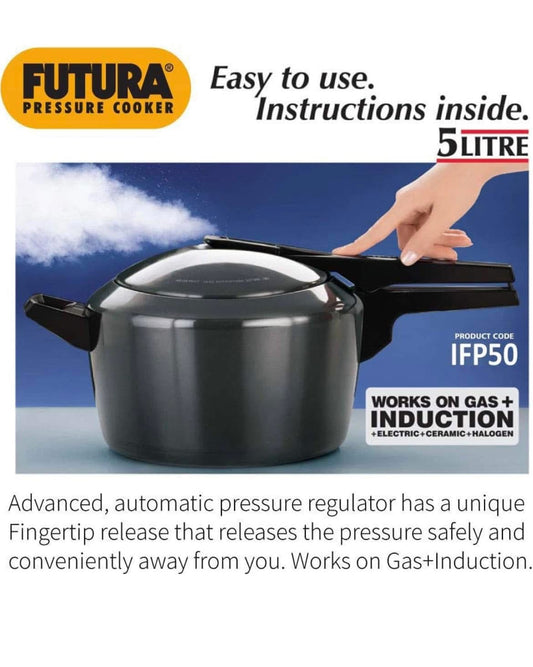 Hawkins Futura 5 Litre Pressure Cooker, Hard Anodised Inner Lid Pressure Cooker, Induction Cooker, Pan Cooker, Black (Ifp50), 5 Liter