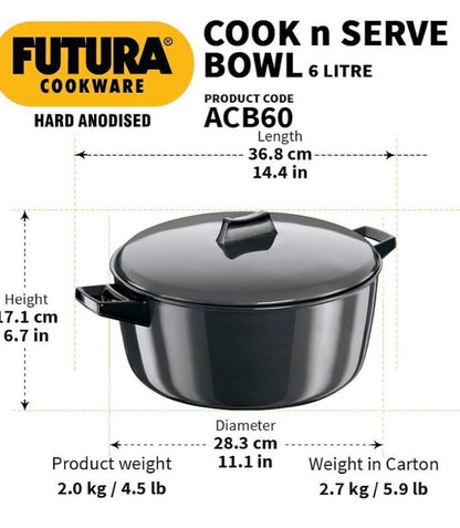 Hawkins Futura Hard Anodised Cook-n-Serve Bowl/ Aluminium, Black ACB60
