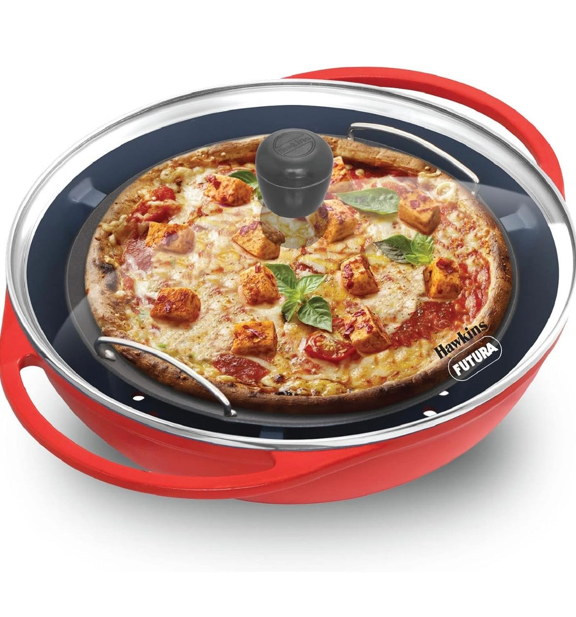 Hawkins Diecast 30 cm Nonstick Pizza Maker and Cake Baker with Glass Lid, Gas Oven, Pizza Oven Toaster Griller Tandoor Barbecue, Cake Baking Pan, Red (PIZZA)