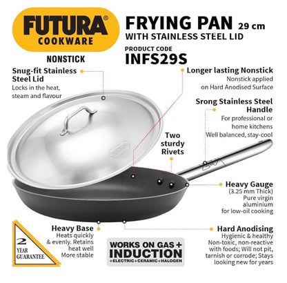 Hawkins Futura 29 cm Induction Non Stick Fry Pan with Stainless Steel Handle and Stainless Steel Lid, Big Frying Pan, Black (INFS29S)