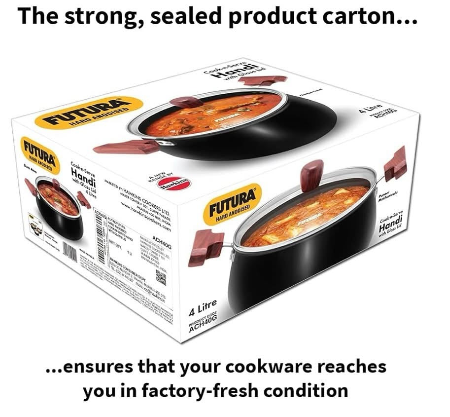 Hawkins Futura 4 Litre Cook n Serve Handi, Hard Anodised Biryani Handi with Glass Lid, Saucepan, Sauce Pan, Black (ACH40G)