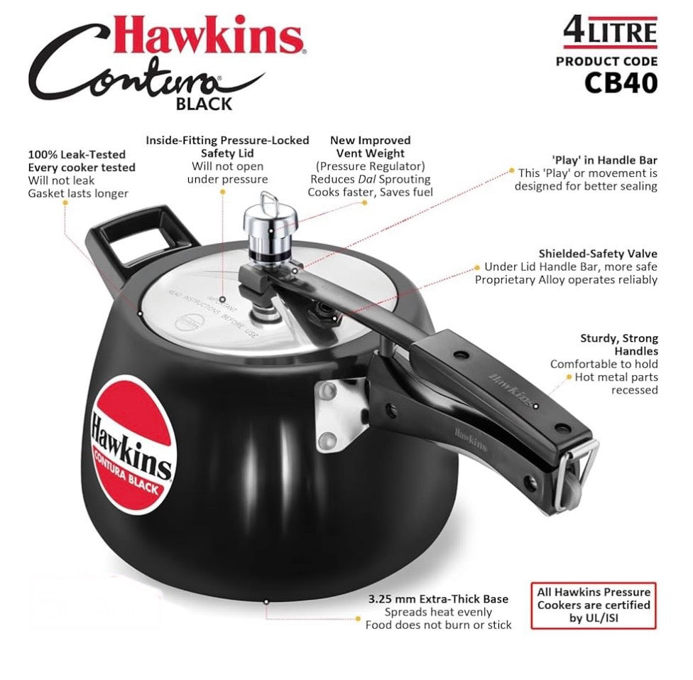 Hawkins 4 Litre Contura Black Pressure Cooker, Hard Anodised Inner Lid Cooker, Handi Cooker, Black (Cb40), 4 Liter