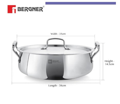 Bergner BE Bergner Essentials TriPly Stainless Steel 32 cm Biryani Handi Lid, 8.4 L Biryani Pot, Large Patila Handi, Even Heat Distribution, Induction & Gas Compatible, Silver