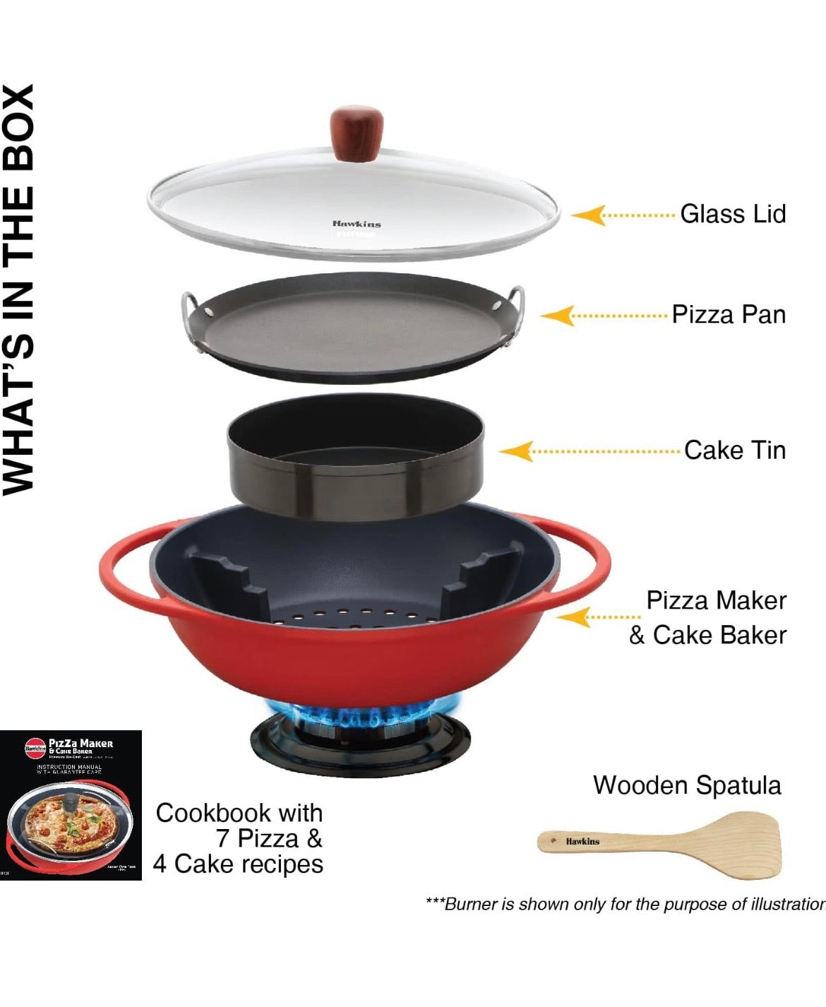 Hawkins Diecast 30 cm Nonstick Pizza Maker and Cake Baker with Glass Lid, Gas Oven, Pizza Oven Toaster Griller Tandoor Barbecue, Cake Baking Pan, Red (PIZZA)