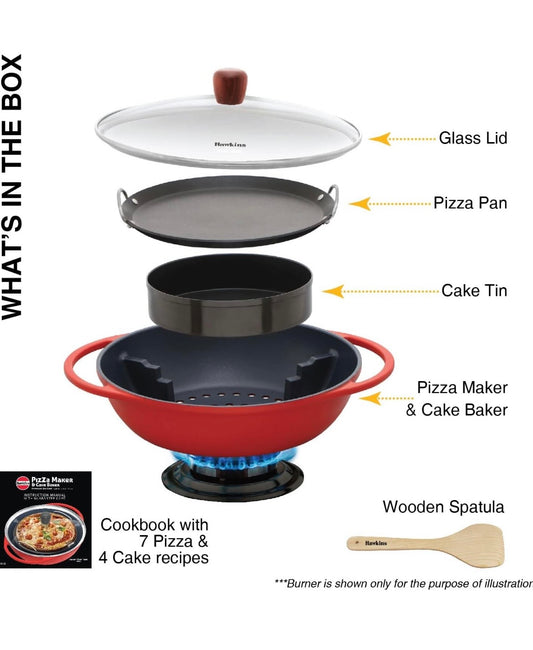 Hawkins Diecast 30 cm Nonstick Pizza Maker and Cake Baker with Glass Lid, Gas Oven, Pizza Oven Toaster Griller Tandoor Barbecue, Cake Baking Pan, Red (PIZZA)