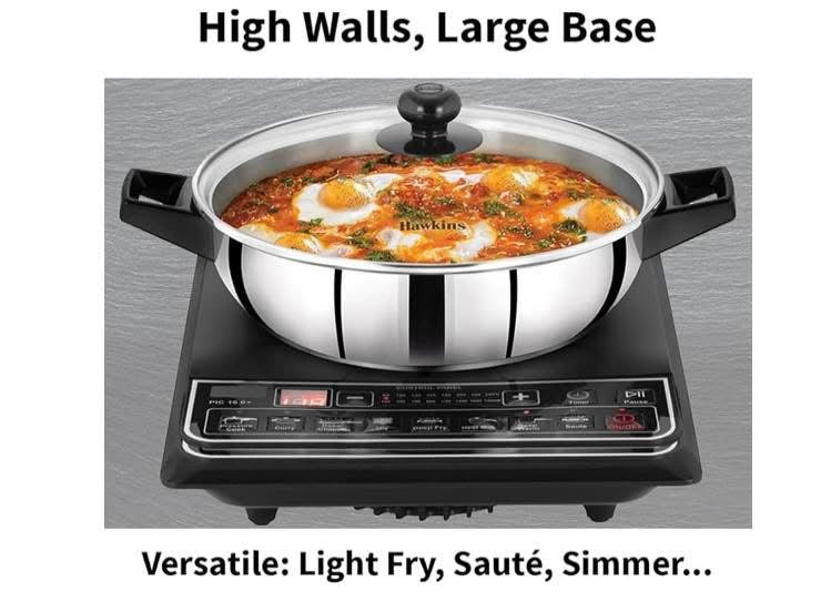 Hawkins 3 Litre Cook n Serve Frying Pan, Stainless Steel Fry Pan with Glass Lid, Induction Frying Pan, Frypan for Cooking and Serving, Silver (SSF3LG)