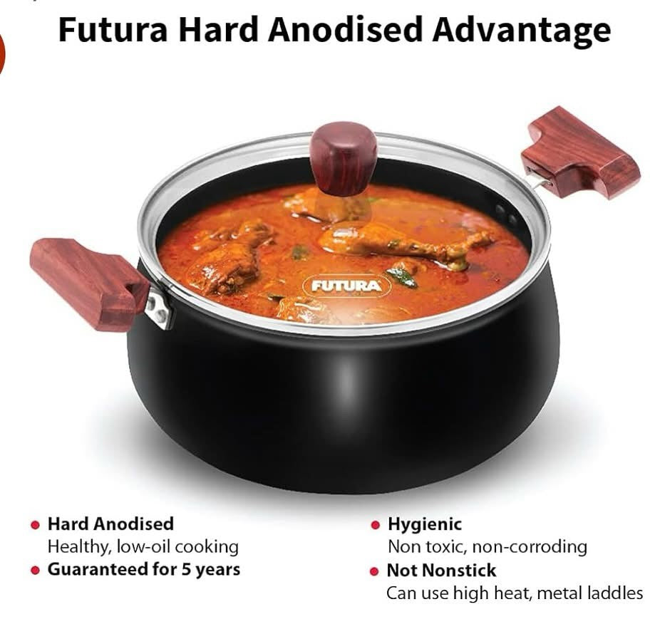 Hawkins Futura 4 Litre Cook n Serve Handi, Hard Anodised Biryani Handi with Glass Lid, Saucepan, Sauce Pan, Black (ACH40G)