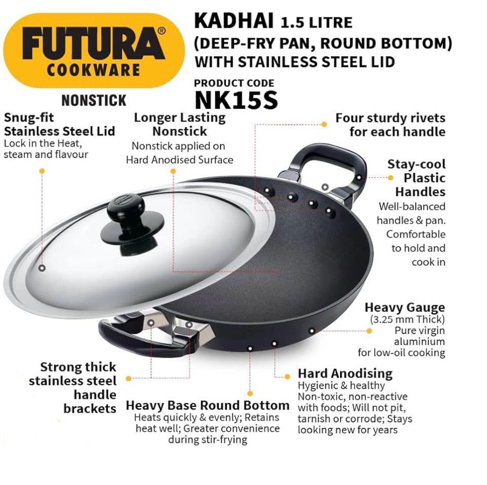 Hawkins Futura 1.5 Litre Deep Fry Pan, Non Stick Kadai, Round Bottom Kadhai, Small Non Stick Kadai, Black (NK15)