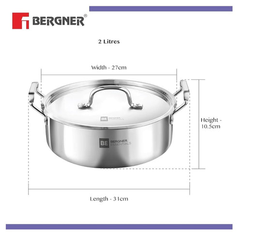Bergner BE Bergner Essentials TriPly Stainless Steel 28 cm Biryani Handi with Lid, 6.4 L Biryani Pot, Patila Handi, Even Heat Distribution, Induction Bottom and Gas Stove Ready