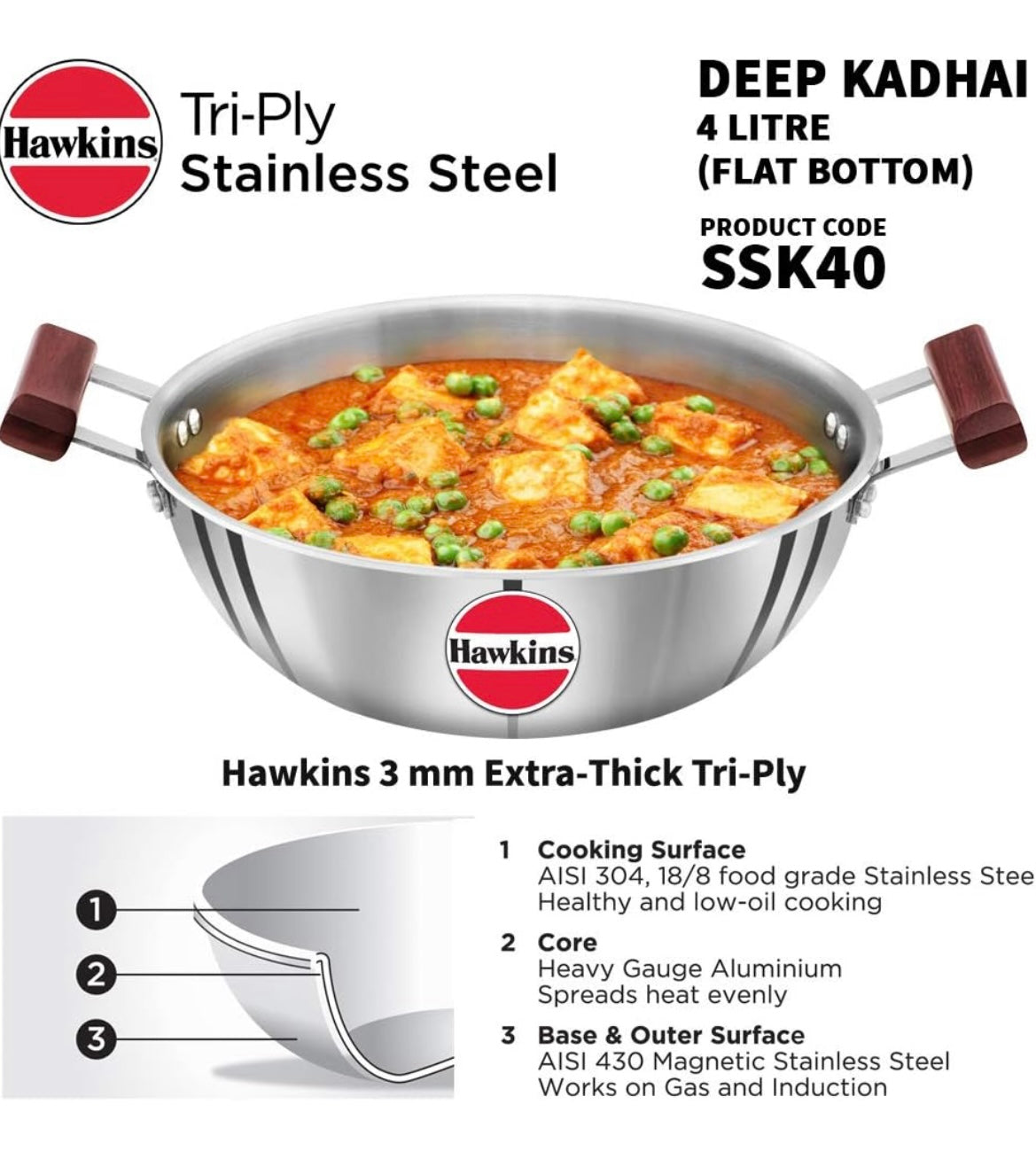 Hawkins 4 Litre Deep Kadhai, Triply Stainless Steel Kadai, Flat Bottom Induction Kadhai, Big Kadai, Silver (SSK40)