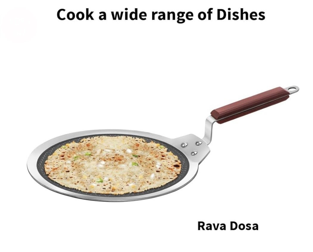 Hawkins 28 cm Dosa Tava, Triply Stainless Steel Shielded Nonstick Tawa with Rosewood Handle, Honeycomb Non Stick Induction Tawa, Silver (NSDT28)