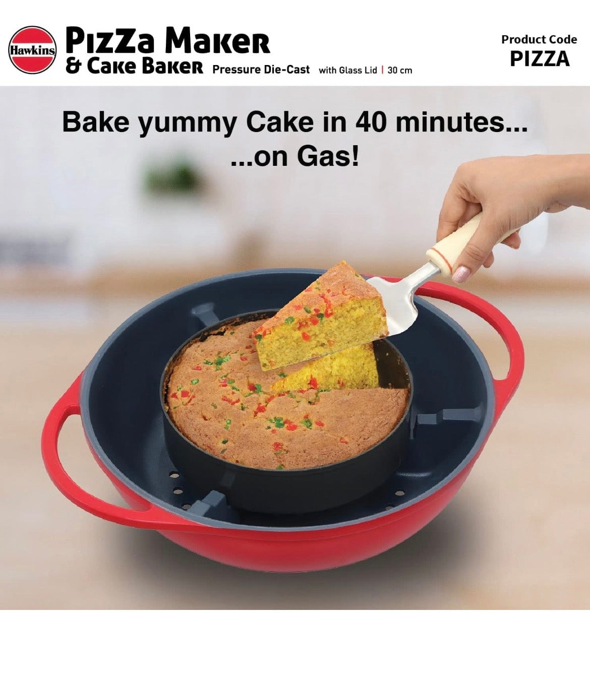 Hawkins Diecast 30 cm Nonstick Pizza Maker and Cake Baker with Glass Lid, Gas Oven, Pizza Oven Toaster Griller Tandoor Barbecue, Cake Baking Pan, Red (PIZZA)