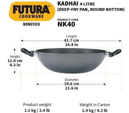 Hawkins Futura Nonstick Kadhai 4 L, 30 cm, 3.25 mm with SS lid (NK40S)