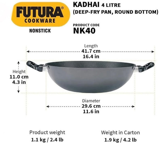 Hawkins Futura Nonstick Kadhai 4 L, 30 cm, 3.25 mm with SS lid (NK40S)
