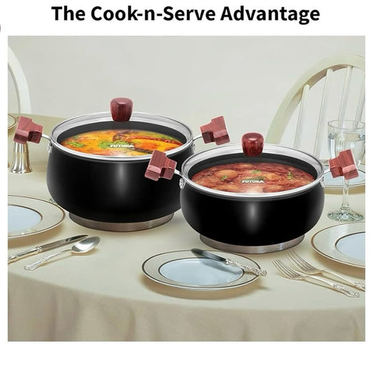 Hawkins Futura 4 Litre Cook n Serve Handi, Hard Anodised Biryani Handi with Glass Lid, Saucepan, Sauce Pan, Black (ACH40G)