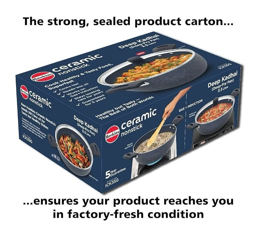 HAWKINS Ceramic Nonstick 3.5 Litre Deep Kadhai, Induction Deep Fry Pan with Glass Lid, Granite Kadai (ICK35G)