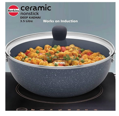 HAWKINS Ceramic Nonstick 3.5 Litre Deep Kadhai, Induction Deep Fry Pan with Glass Lid, Granite Kadai (ICK35G)