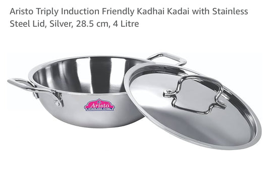Aristo Triply Induction Friendly Kadhai Kadai with Stainless Steel Lid, Silver, 28.5 cm, 4 Litre