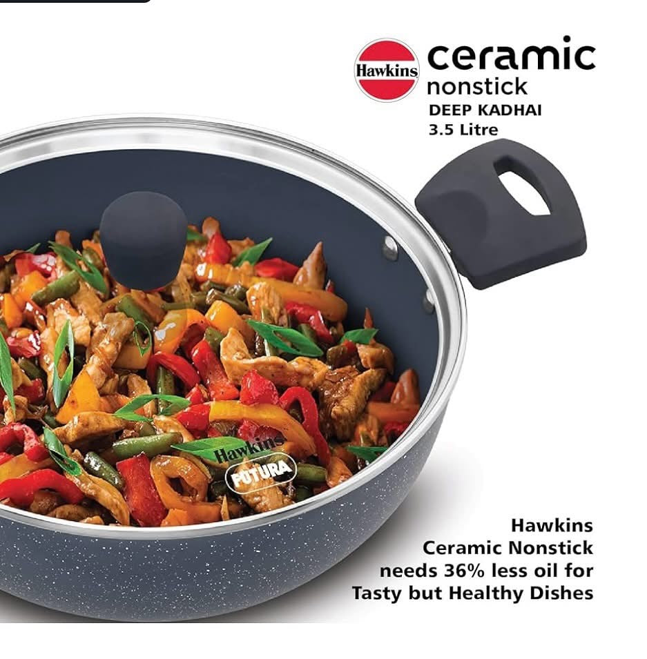 HAWKINS Ceramic Nonstick 3.5 Litre Deep Kadhai, Induction Deep Fry Pan with Glass Lid, Granite Kadai (ICK35G)