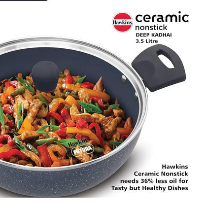 HAWKINS Ceramic Nonstick 3.5 Litre Deep Kadhai, Induction Deep Fry Pan with Glass Lid, Granite Kadai (ICK35G)
