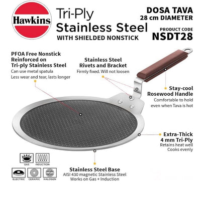 Hawkins 28 cm Dosa Tava, Triply Stainless Steel Shielded Nonstick Tawa with Rosewood Handle, Honeycomb Non Stick Induction Tawa, Silver (NSDT28)
