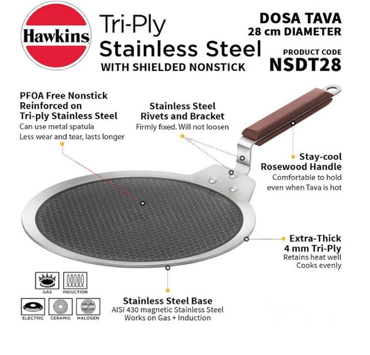 Hawkins 28 cm Dosa Tava, Triply Stainless Steel Shielded Nonstick Tawa with Rosewood Handle, Honeycomb Non Stick Induction Tawa, Silver (NSDT28)