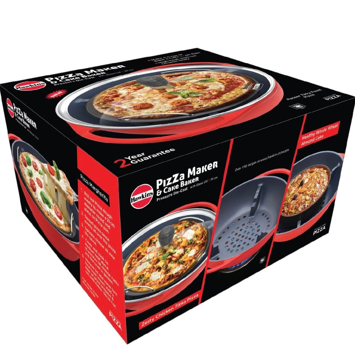 Hawkins Diecast 30 cm Nonstick Pizza Maker and Cake Baker with Glass Lid, Gas Oven, Pizza Oven Toaster Griller Tandoor Barbecue, Cake Baking Pan, Red (PIZZA)