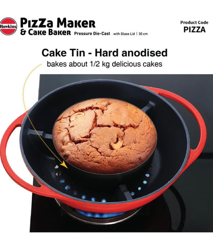 Hawkins Diecast 30 cm Nonstick Pizza Maker and Cake Baker with Glass Lid, Gas Oven, Pizza Oven Toaster Griller Tandoor Barbecue, Cake Baking Pan, Red (PIZZA)