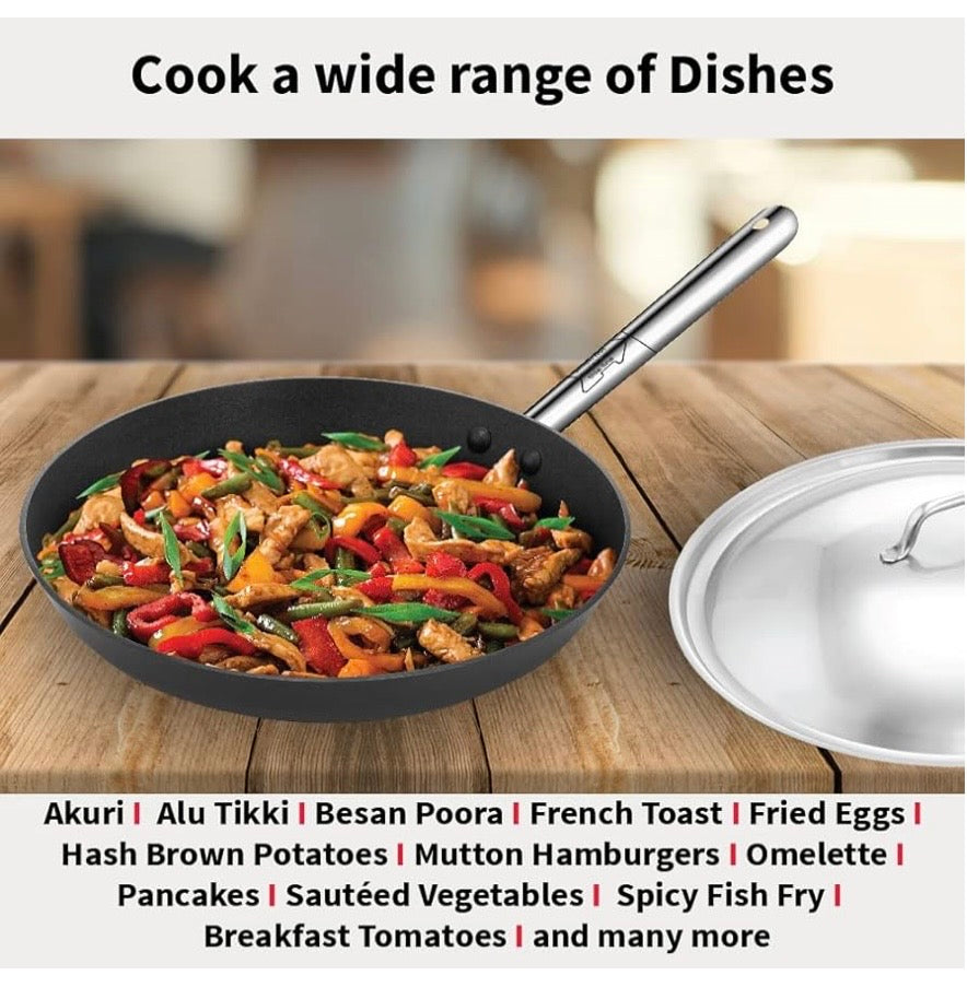 Hawkins Futura 29 cm Induction Non Stick Fry Pan with Stainless Steel Handle and Stainless Steel Lid, Big Frying Pan, Black (INFS29S)