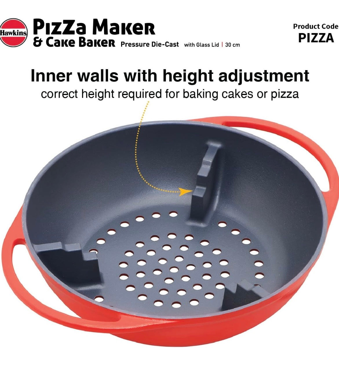 Hawkins Diecast 30 cm Nonstick Pizza Maker and Cake Baker with Glass Lid, Gas Oven, Pizza Oven Toaster Griller Tandoor Barbecue, Cake Baking Pan, Red (PIZZA)