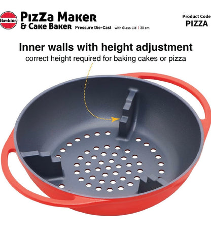 Hawkins Diecast 30 cm Nonstick Pizza Maker and Cake Baker with Glass Lid, Gas Oven, Pizza Oven Toaster Griller Tandoor Barbecue, Cake Baking Pan, Red (PIZZA)