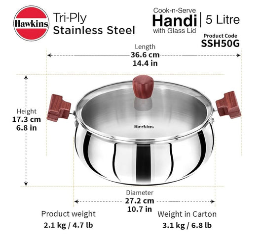Hawkins 5 Litre Cook n Serve Handi, Triply Stainless Steel Handi with Glass Lid, Induction Sauce Pan, Saucepan, Silver (SSH50G)