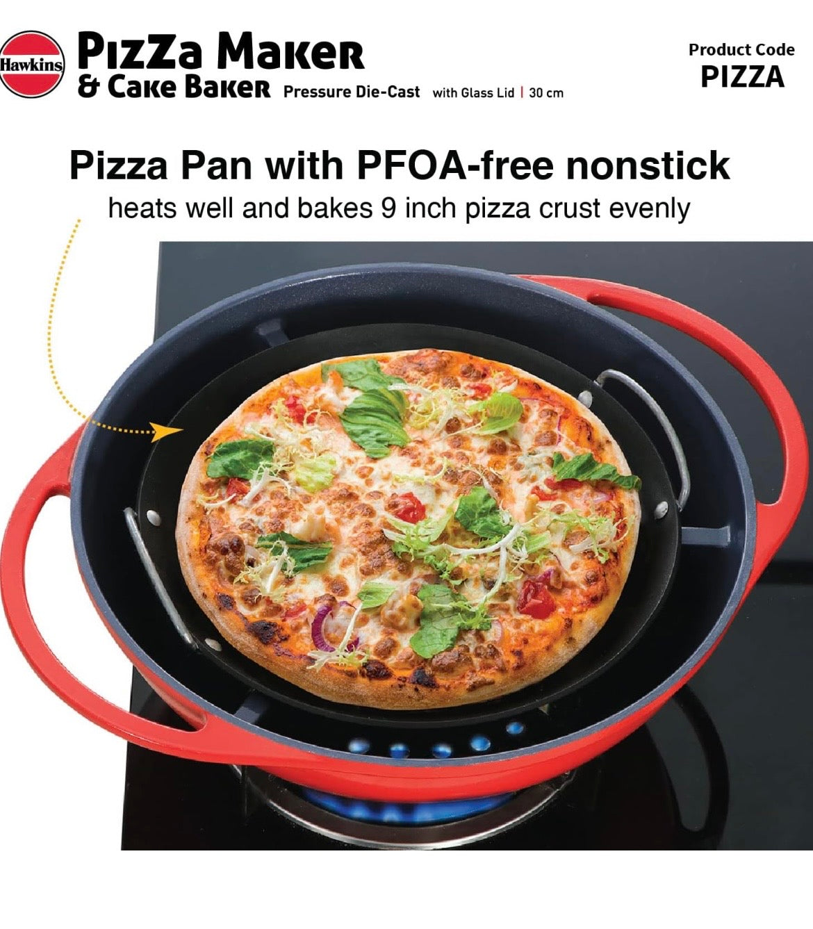 Hawkins Diecast 30 cm Nonstick Pizza Maker and Cake Baker with Glass Lid, Gas Oven, Pizza Oven Toaster Griller Tandoor Barbecue, Cake Baking Pan, Red (PIZZA)