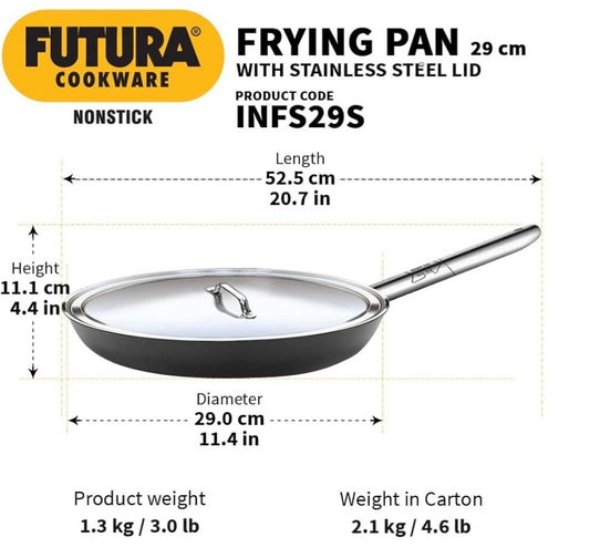 Hawkins Futura 29 cm Induction Non Stick Fry Pan with Stainless Steel Handle and Stainless Steel Lid, Big Frying Pan, Black (INFS29S)