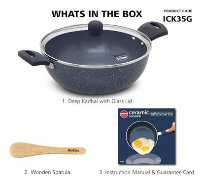 HAWKINS Ceramic Nonstick 3.5 Litre Deep Kadhai, Induction Deep Fry Pan with Glass Lid, Granite Kadai (ICK35G)